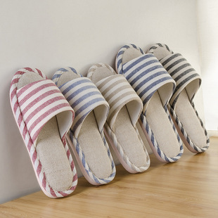 Spring linen slippers for couples indoor wear-resistant toe men's anti-slip home floor mute stripes