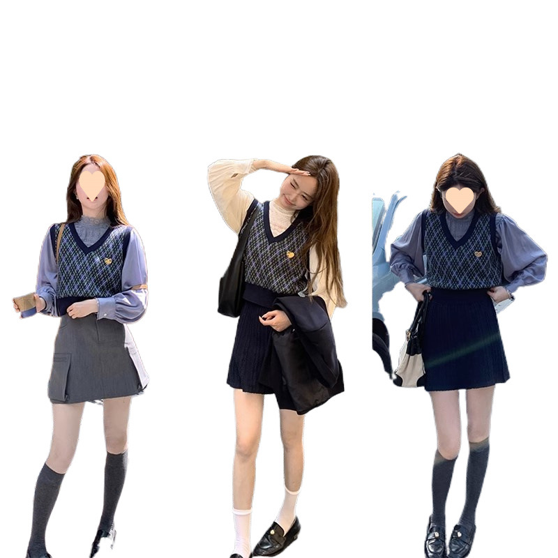 플러스 사이즈 영국 아카데미 스타일 여성 세트 칼라 마보 조끼 화이트 셔츠 높은 허리 스커트 3 피스 세트