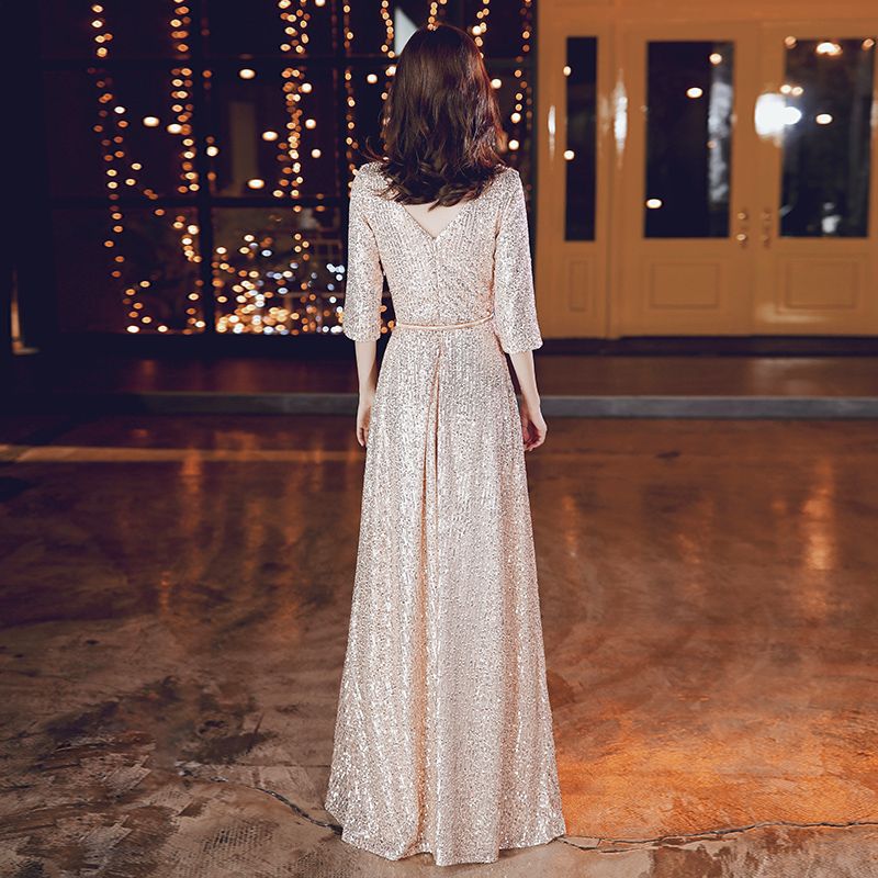 Vestido de Noche Elegante con Lentejuelas, Cuello Redondo y Manga Media, Estilo Europeo y Americano, para Comercio Exterior en Amazon y AliExpress