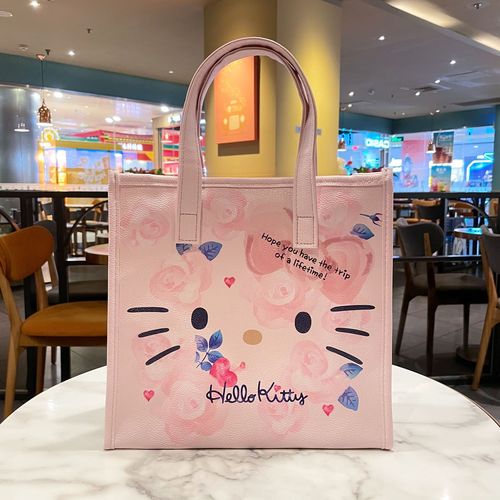 Mist Flower KT Cat PU Tote Bag Shoulder Bag Pink Girly Heart Flower Pattern Large Capacity Commuting Mommy Bag