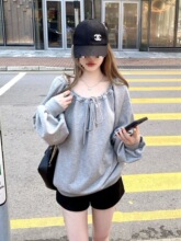 绑带斜肩宽松卫衣女新款秋季韩系慵懒风套头时尚感长袖上衣ins潮