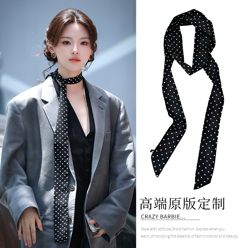 Yang Chaoyue's Same Style Black Polka Dot Silk Scarf, Accessible Luxury High-End Small Square Scarf, Neck Hairband, New Summer Style with Shirt