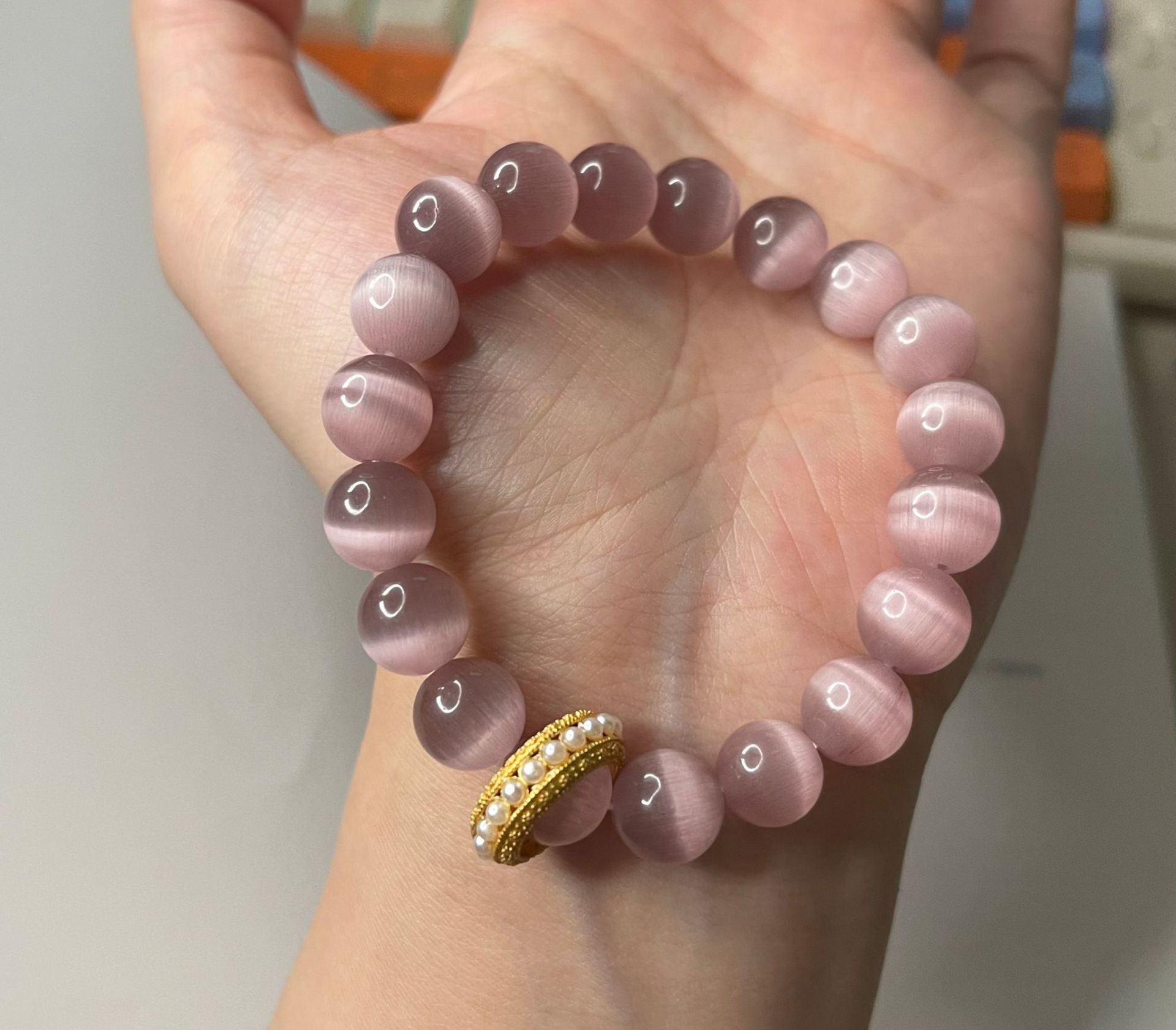 Rosa Katzenaugen Steinperlen Armband Elegant Für Damen_voghion.com