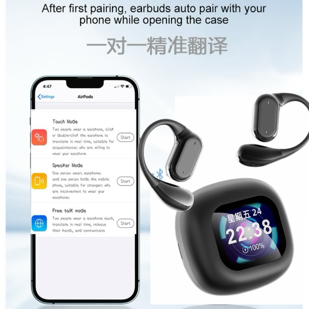 Especialmente diseñado para transfronterizos Ai inteligente traductor Q18 auriculares Bluetooth OWS auriculares de alta calidad de sonido de pantalla multifuncional