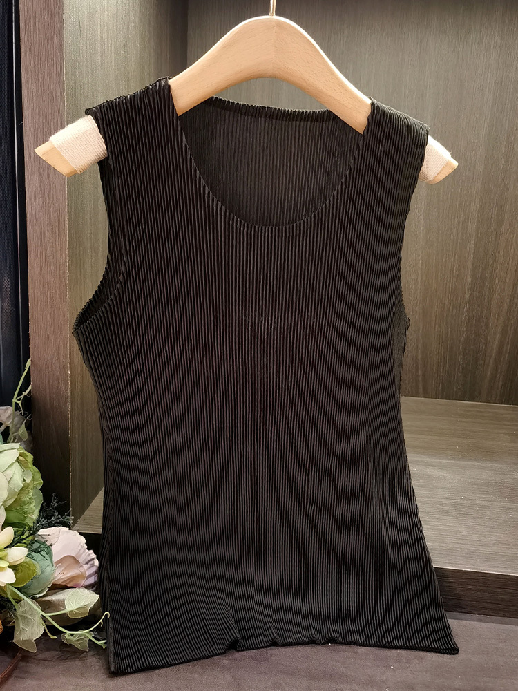 Áo ba lỗ xếp ly cổ tròn trơn màu thời trang nữ mùa hè — Màu đen, Màu xám đậm, Màu trắng, Màu xám