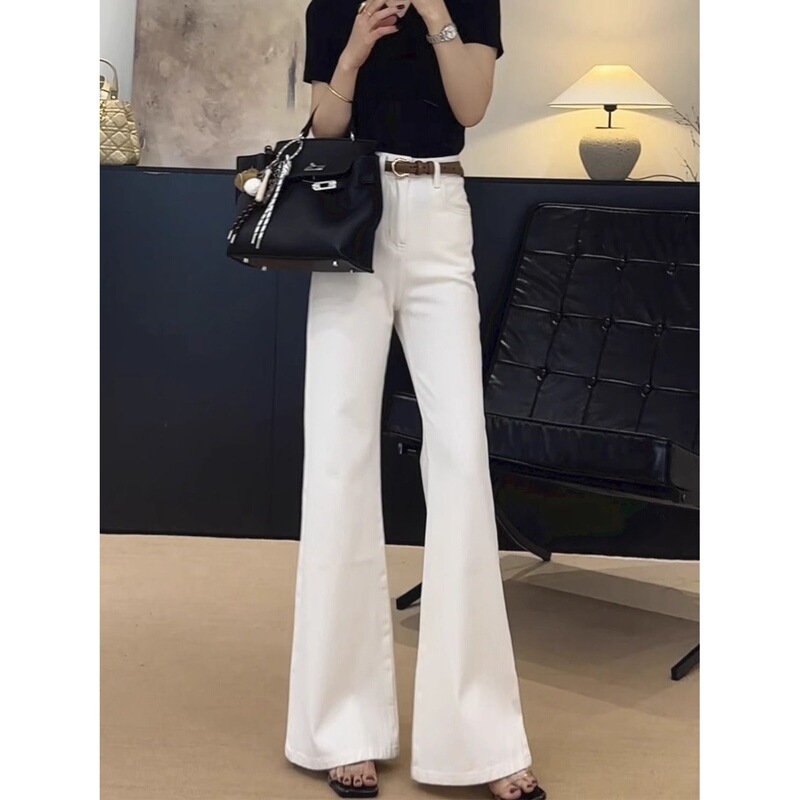 Off-White Non-Leg-Fitting Bootcut Jeans for Women, New Summer Style, Versatile, Slimming, Straight-Leg Flared Pants