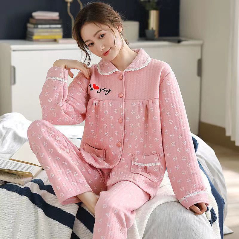 100% pijamas de algodón de las mujeres de otoño e invierno cardigan engrosado acolchado de manga larga sándwich de aire de Algodón de Primavera y Otoño desgaste del hogar