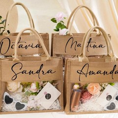 パーソナライズされた名前の透明なハンドバッグ、花嫁のハンドバッグ、名前付き麻袋、花嫁プレゼント袋
