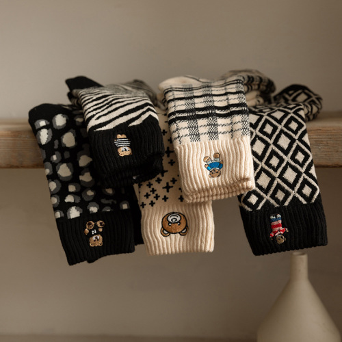 Black embroidered thickened terry thickened towel bottom warm cartoon mid-calf socks for women