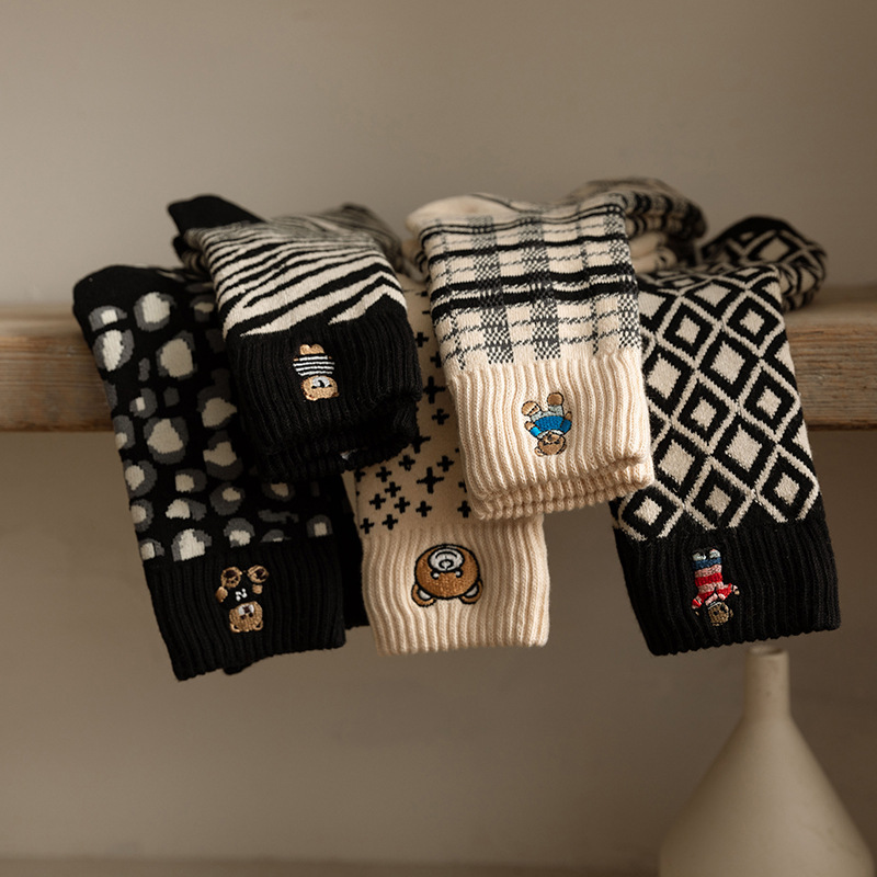 Black Embroidered Bear Socks for Women, Thickened Terry Socks, Thickened Towel Bottom, Warm Cartoon Mid-Calf Socks Wholesale