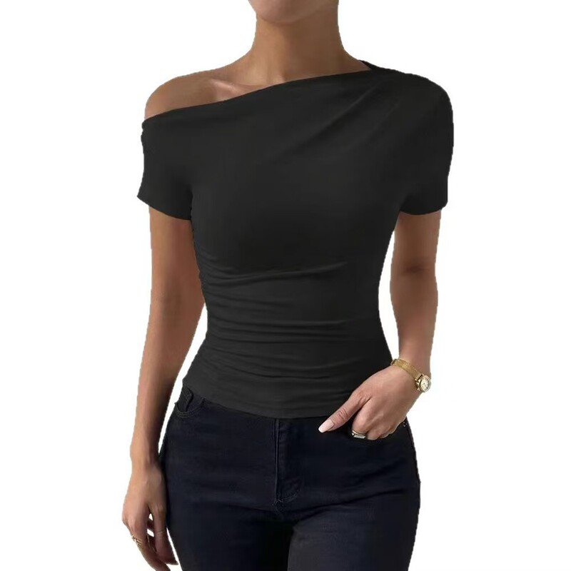 European and American Cross-Border Amazon Independent Site Spring and Summer New Style Aliexpress Slim-Fit Ruched Irregular Short-Sleeve T-Shirt Top