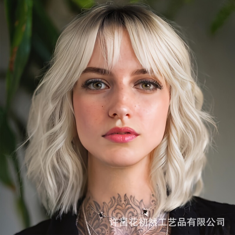 Wavy White Short Bob Wig with Bangs for Women, Soft Curly Synthetic for Girls, Natural Corner Curls