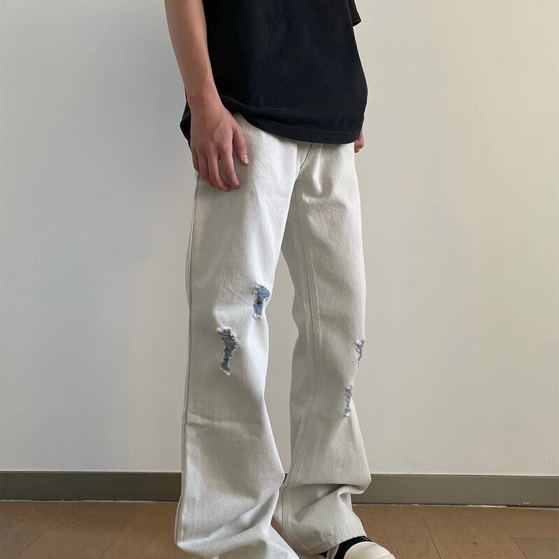 High Street Straight Leg Jeans Men's Summer 2024 New Casual All-match Narrow Skinny creamy-white Micro Long Pants