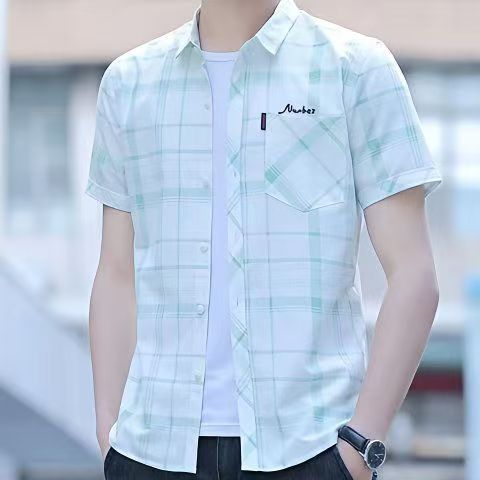 Short-Sleeved Shirt for Men, Summer Thin Ice Silk Shirt, Trendy Korean Style Slim Fit Plaid Shirt with Pockets, Handsome Men's Clothing