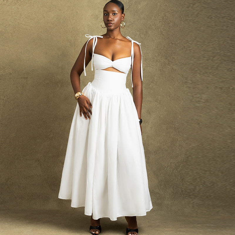 European and American Style Ins Foreign Trade Women's Clothing Fashion Solid Color dress Strap Shoulder Sleeveless Large Skirt Dress
