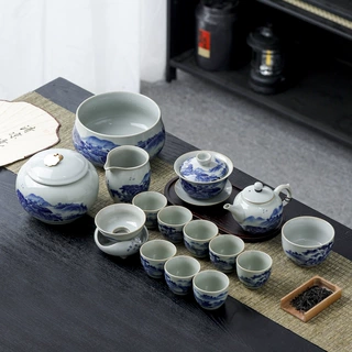 老陶泥茶具套组礼盒装青花三才盖碗茶杯品茗杯中式复古送礼用