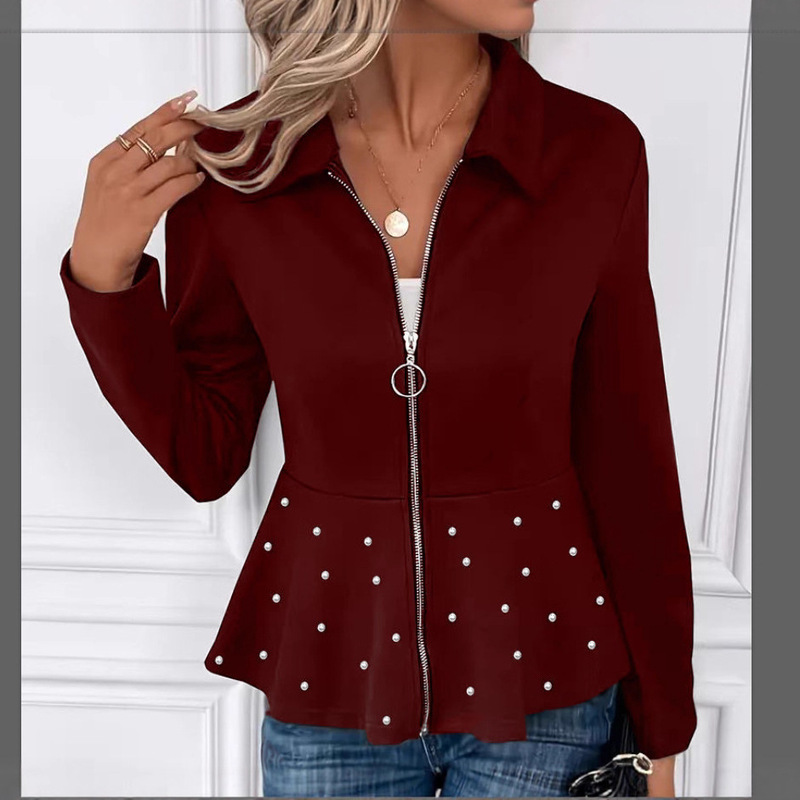 2025 European and American Cross-Border New Autumn and Winter Women's Short Zipper Gold Velvet Beaded Jacket Long-Sleeved Jacket