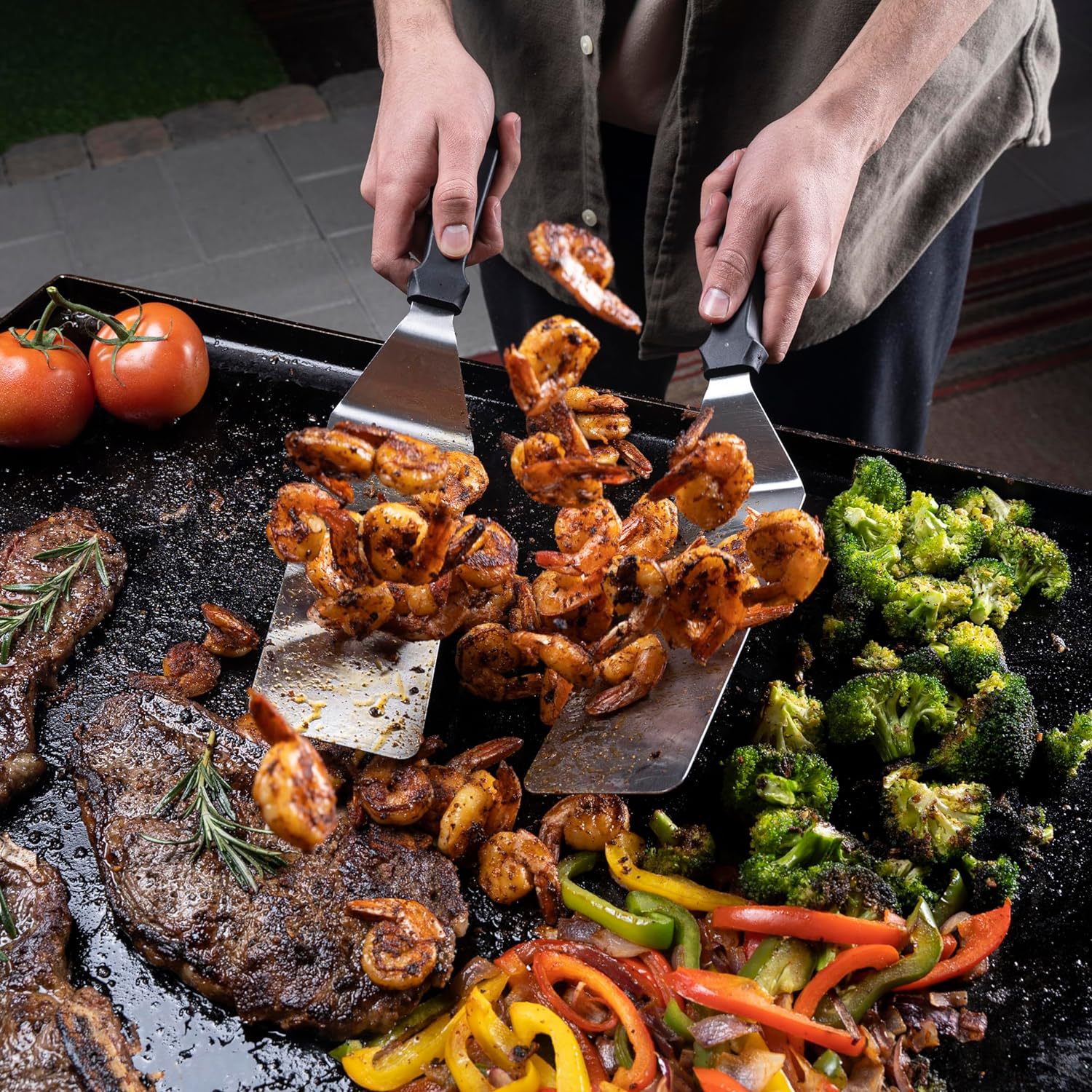 Amazon fábrica de acero inoxidable parrilla de acero inoxidable mango conjunto de parrilla de acampamiento al aire libre herramientas de parrilla