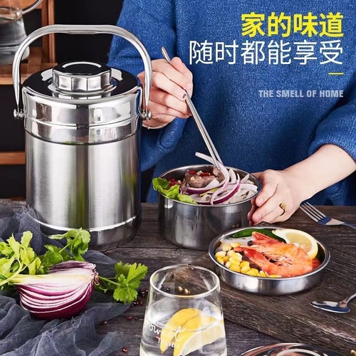 New stainless steel thermal insulation pot portable lunch box straight drum type multi-layer thermal insulation bucket lunch box for office workers
