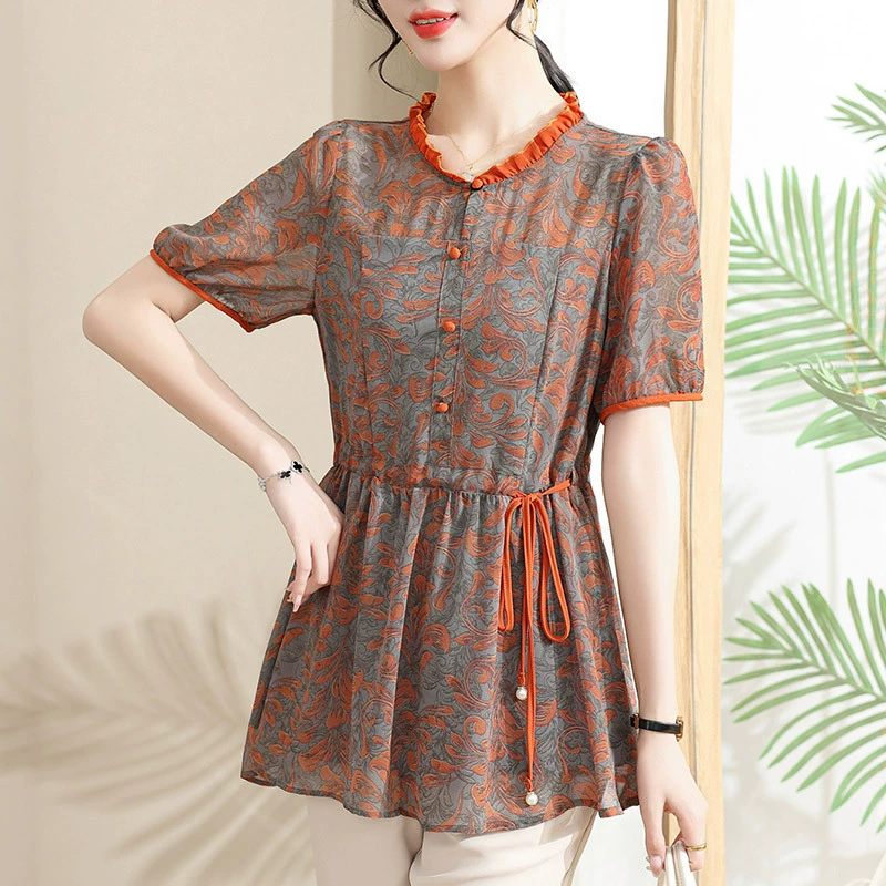 Летняя Элегантная модная шифоновая рубашка с короткими рукавами и цветочным принтом для молодой мамы, топ больших размеров, женская одежда среднего и пожилого возраста