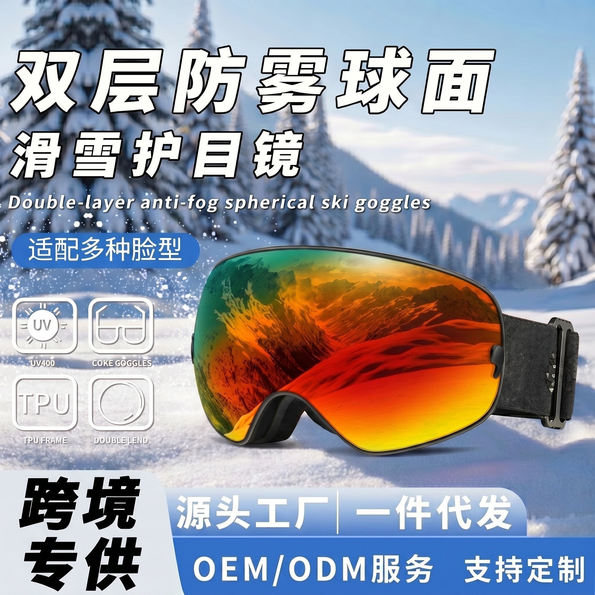 Cross-Border Ski Goggles with Double-Layer Spherical Anti-Fog Lenses, Outdoor Mountaineering Goggles, Snow Windproof Ski Goggles, Compatible with Prescription Lenses