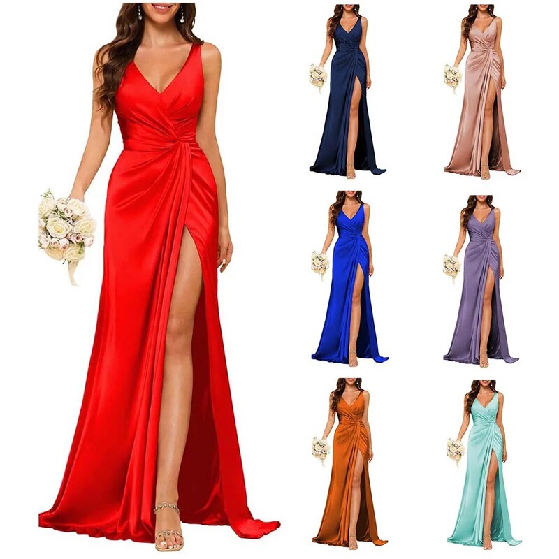 Plus-Size Dress with Standard Sizing, Bridesmaid Dress, European and American Summer Style, New Cross-Border Foreign Trade Women's Clothing, Solid Color Slim-Fit Evening Gown Plus-Size Dress with Standard Sizing, Bridesmaid Dress, European and American Summer Style, New Cross-Border Foreign Trade Women's Clothing, Solid Color Slim-Fit Evening Gown