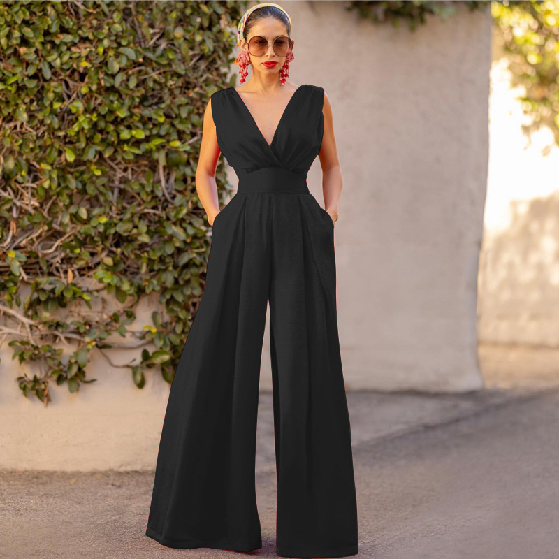 High Waist Waist Line Jumpsuits Pants Type Women's Banquet Sexy Solid Color Full Length Pocket Jumpsuits