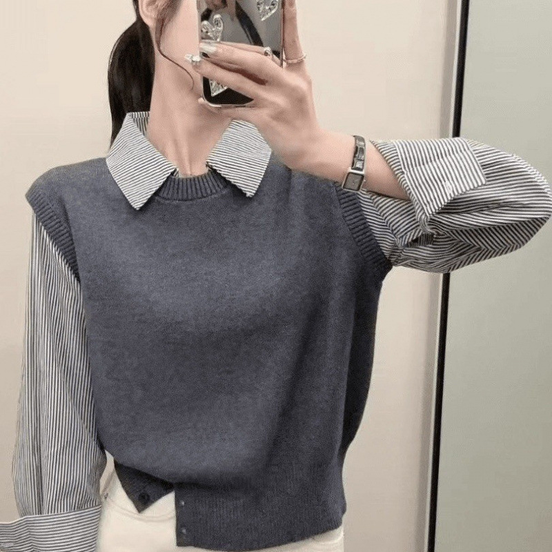 韩系女装简约高级感假两件毛衣新款拼接条纹下摆开扣针织衫上衣女