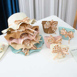 新款女童蝴蝶结草帽包包套装透气防晒太阳帽子公主钱包儿童遮阳帽