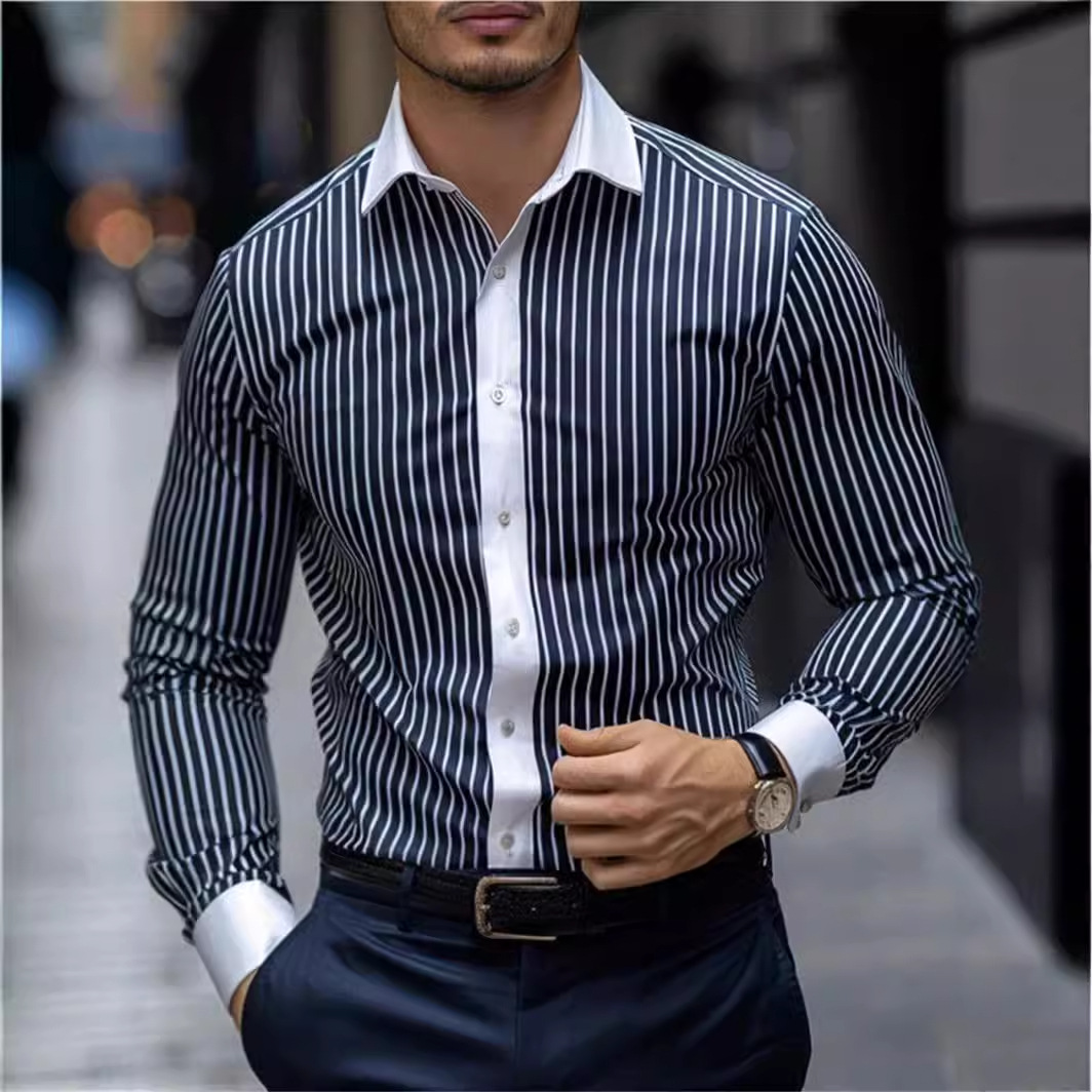 Camisa de botón de solapa de manga larga suelta nueva 2024 de todo fósforo de patrón vertical de alta calidad para hombre MB12