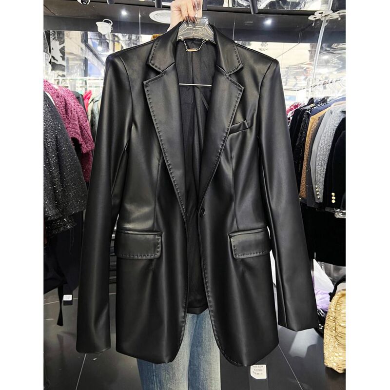 Super stylish mid-length leather jacket for women, 2026 autumn and winter new model, high-end, elegant, slim-fit, slimming PU leather blazer, trendy