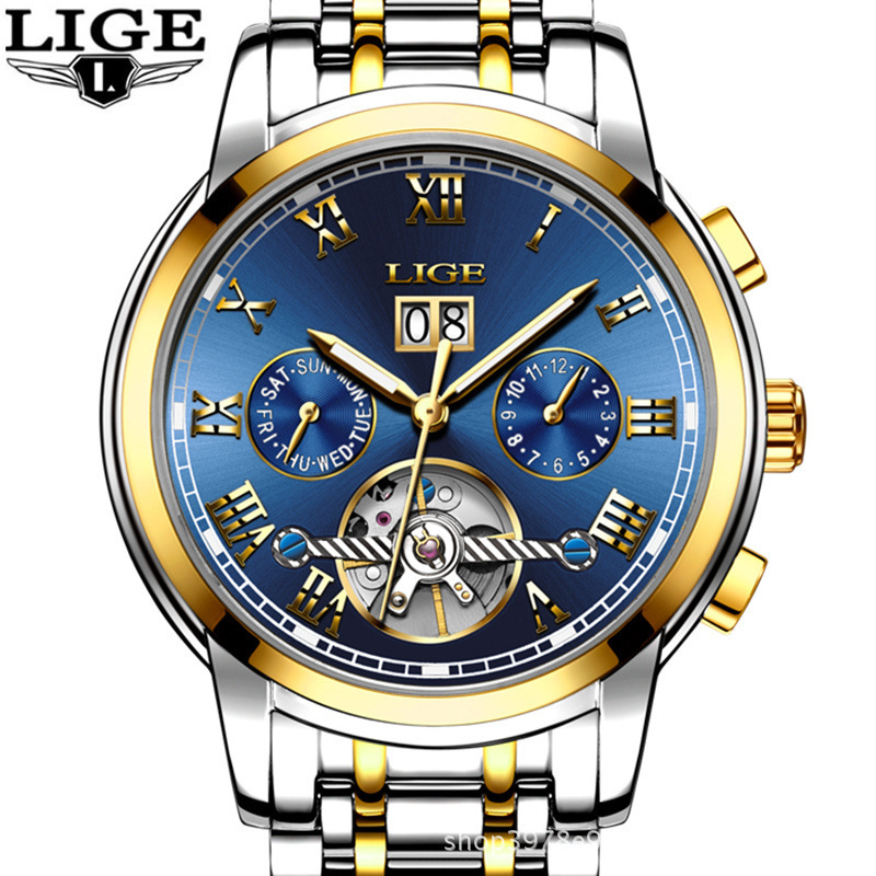 LIGE 9813 caliente-venta hueco transparente Tourbillon multifunción reloj mecánico automático correa de acero reloj de hombre
