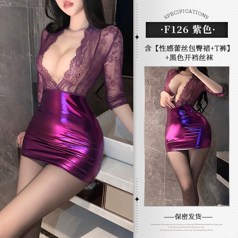 보라색 레이스 가죽 스커트 + 끈 팬티 + 검은색 가랑이 없는 양말
