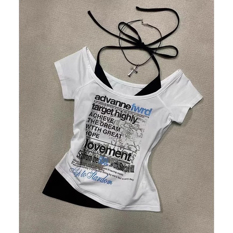 スイートガールホルターネック半袖Tシャツ女性用2025夏新デザイン偽ツーピースショートニッチスリムトップ|undefined