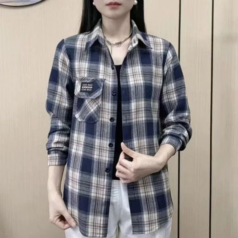 春の新綿レディースシャツ女性の長袖中年母親チェック柄シャツルーズ春と秋の女性のジャケット|undefined