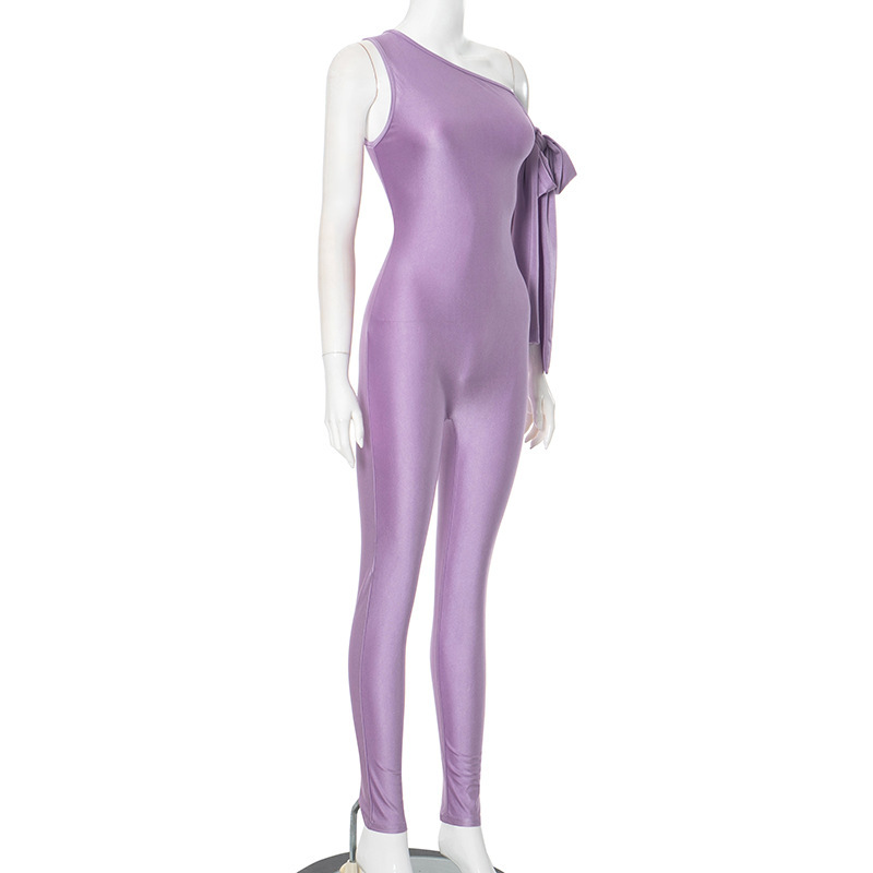 Women Clothing Summer One Shoulder Sexy Twisted Asymmetric Tight Jumpsuit