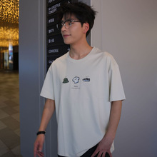 男士装速干衣服男款半短袖重磅宽松刺绣潮牌美式复古黑色t恤男T恤