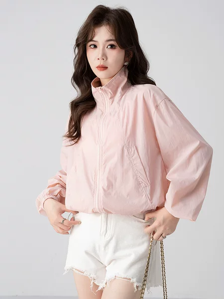 Korean Style Sun Protection Clothing for Women, New Summer Model with Stand-Up Collar and Drawstring Hem, Short Breathable Outdoor Mosquito-Proof Top for Petite Sizes