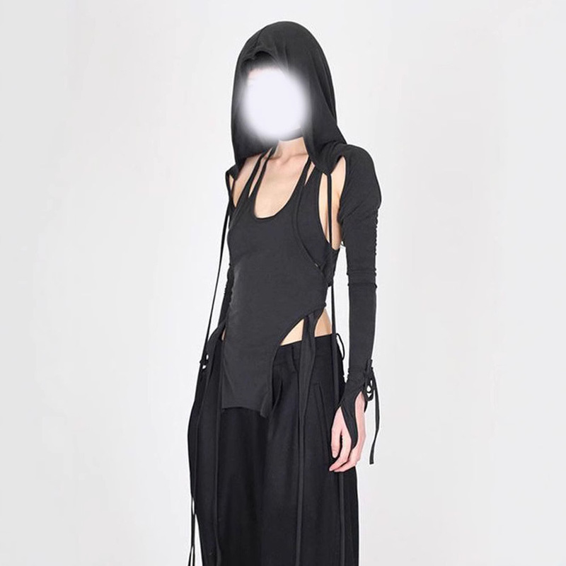 Amazon Cross-Border New Product Wholesale Pure Color Stylish Street Hottie Asymmetrical Hooded Lanyard Women's Slim T-Shirt