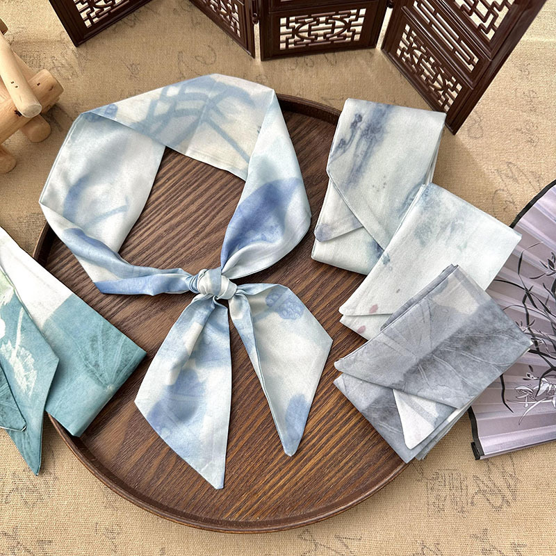 Bufandas de seda largas mujeres dibujo de hoja de bambú estilo antiguo chino nuevo cinturón de cabello adornamiento de cabello pintura de tinta de estilo chino correa bufandas cinturón
