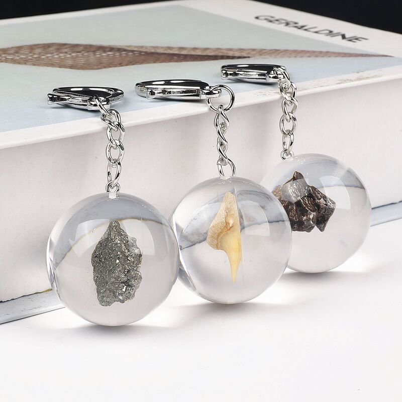 Foreign Trade Cross-Border European and American Creative Natural Mineral Raw Stone Shark Tooth Fossil Resin Ball Keychain Bag Pendant