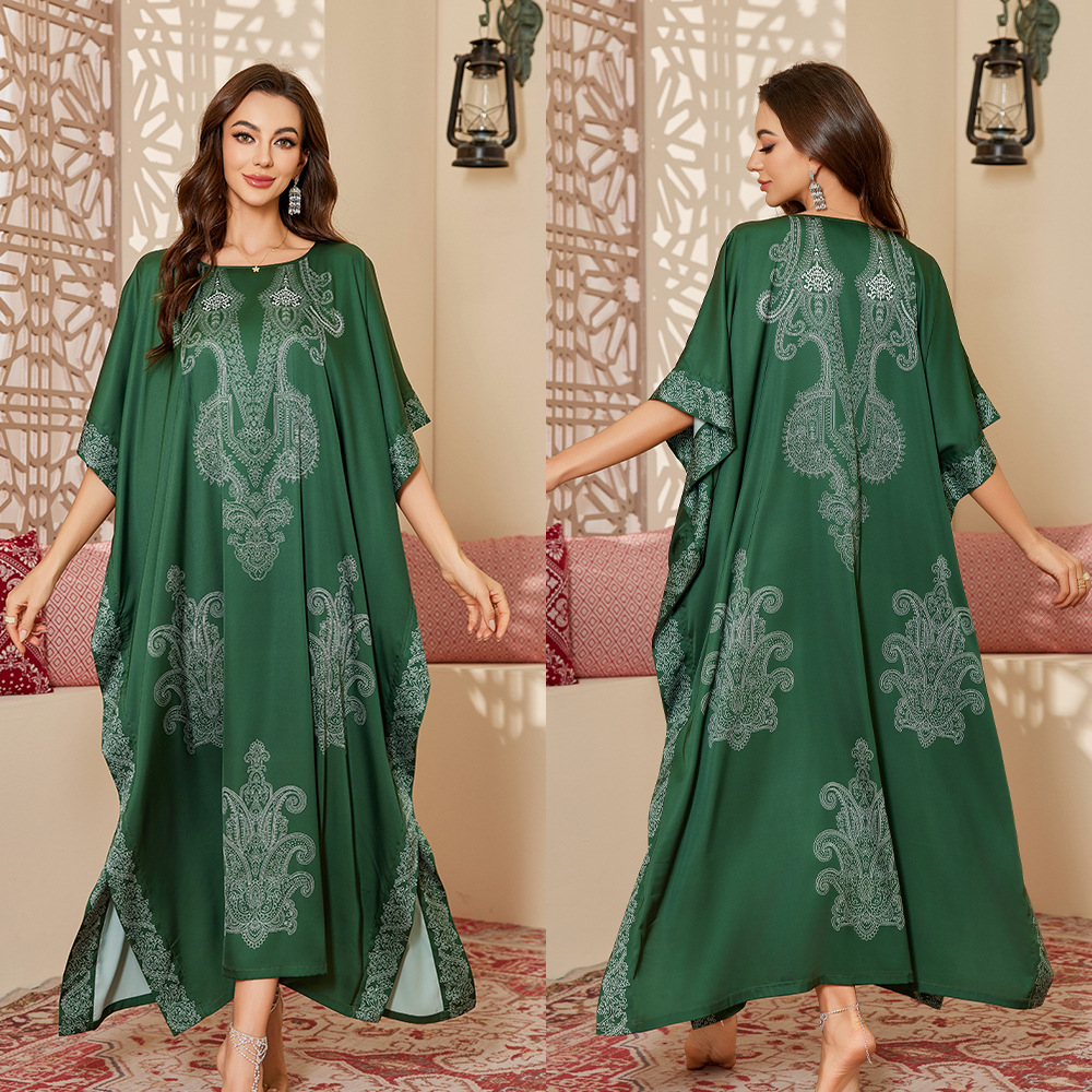 Nuevo pijama de satén de tamaño grande para mujeres de verano medio-oriental suelta gorda camiseta impresa suelta túnica DP3428