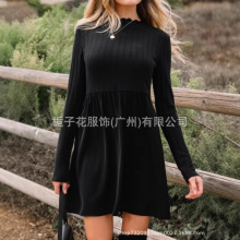 跨境欧美外贸秋冬新款知性风气质修身简约纯色波浪领长袖连衣裙