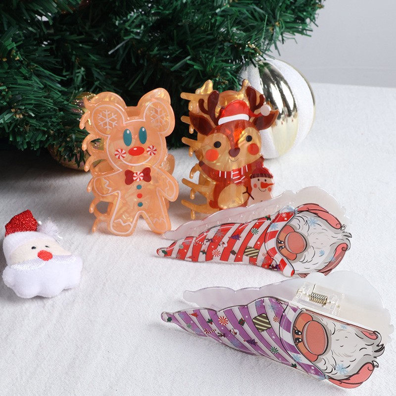 Christmas Festival Santa Claus, Gingerbread, Elk Pattern Christmas Cute Women's Santa Claus Gingerbread Elk PVC Arylic Hair Claws