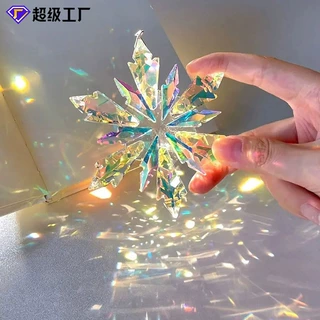 现货充足电镀AB彩水晶雪花切面玻璃水滴吊坠五彩风铃捕光雪花挂饰