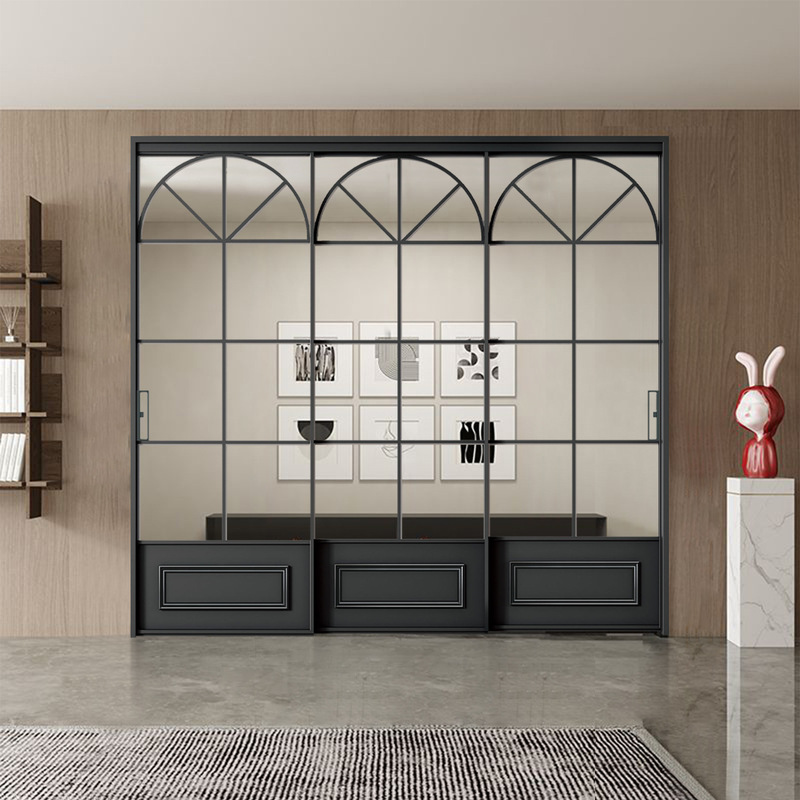 Retro Aluminum Alloy Sliding Door Three-Link Kitchen Sliding Door Household Narrow Balcony Door Bathroom Door Black Classy