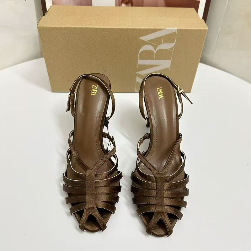 Za2025 Autumn New High-Heeled Shoes, Round-Toe Shallow-Mouth Stiletto Heels, Women's Shoes, Brown Satin Ankle Strap Sandals