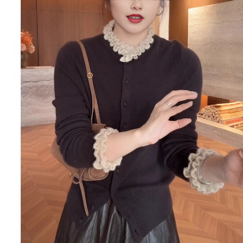 撞色花边圆领毛衣针织开衫女2025秋冬新款慵懒宽松显瘦百搭上衣女|undefined