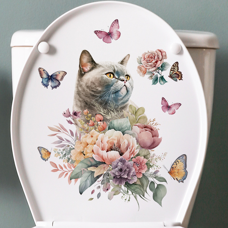 花朵猫咪马桶贴画跨境热销浴室装饰贴纸马桶盖上蝴蝶花朵贴花