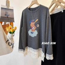 特大码300斤韩系蕾丝花边卡通小熊磨毛加厚遮臀打底衫宽松长袖T恤